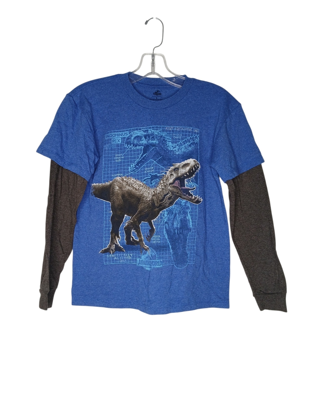 Jurassic World Boys Blue Dino Graphic Layered-Look Long Sleeve Tee